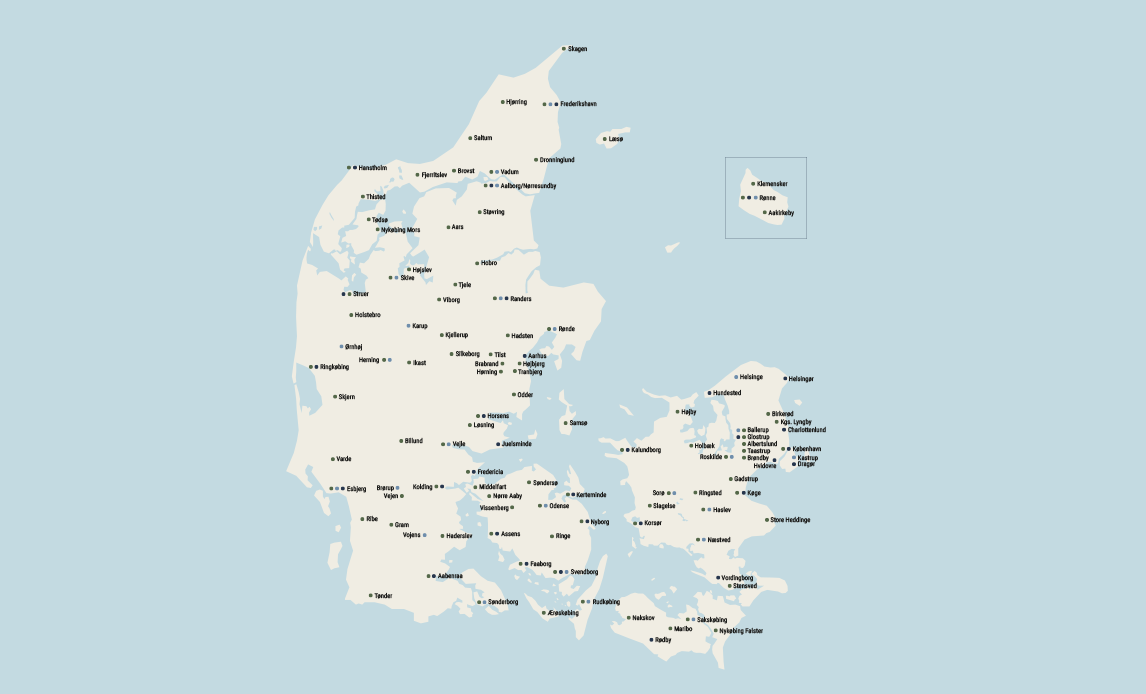 Kort med oversigt over enheder i Danmark