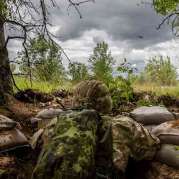 Hjemmeværnssoldat på øvelse ligger i højt græs